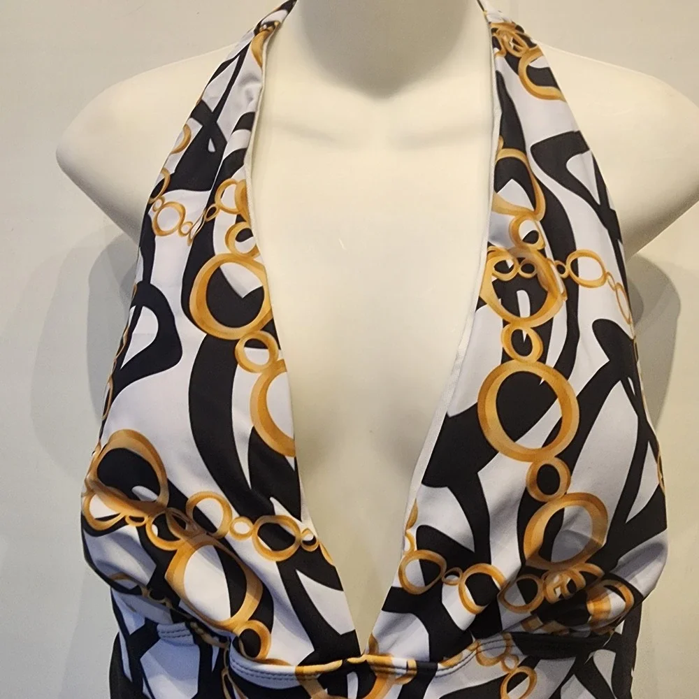 One Piece Swimsuit Womens XXL Black‎ Gold Chain Link Halter Ruched Plunge